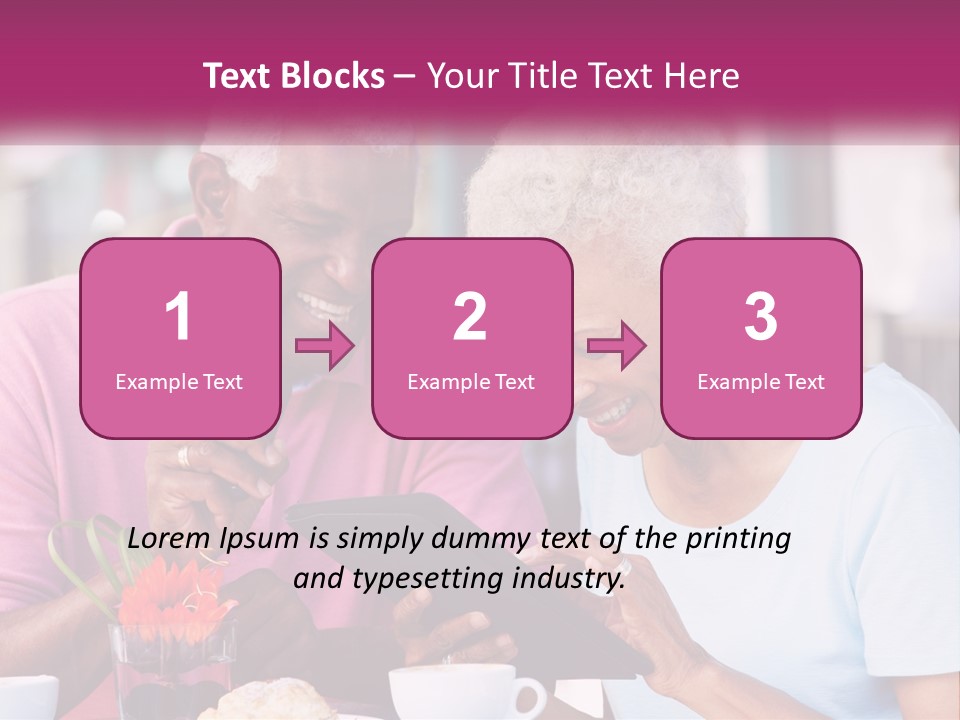 A Man And Woman Sitting At A Table Looking At A Tablet PowerPoint Template