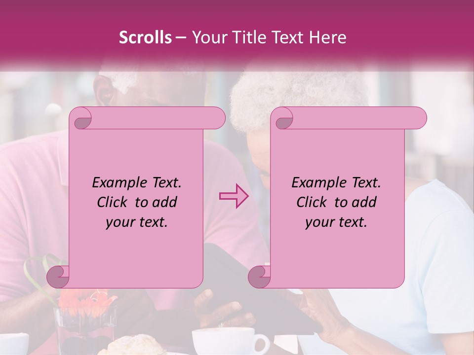 A Man And Woman Sitting At A Table Looking At A Tablet PowerPoint Template