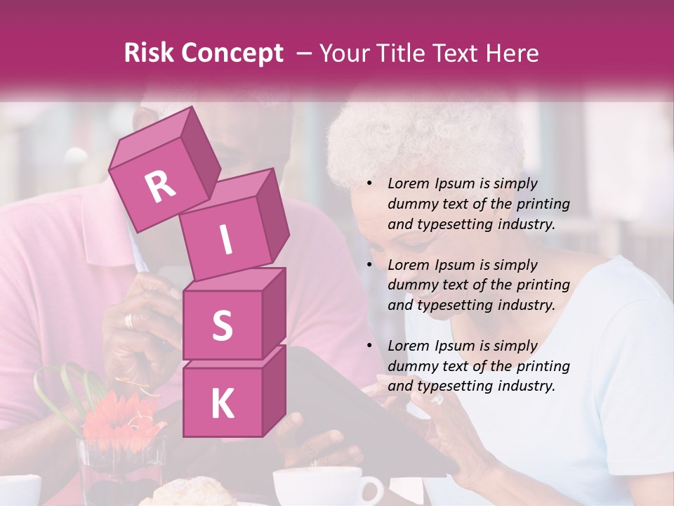 A Man And Woman Sitting At A Table Looking At A Tablet PowerPoint Template