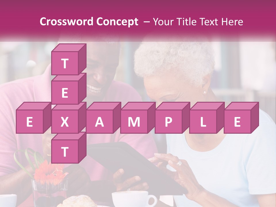 A Man And Woman Sitting At A Table Looking At A Tablet PowerPoint Template