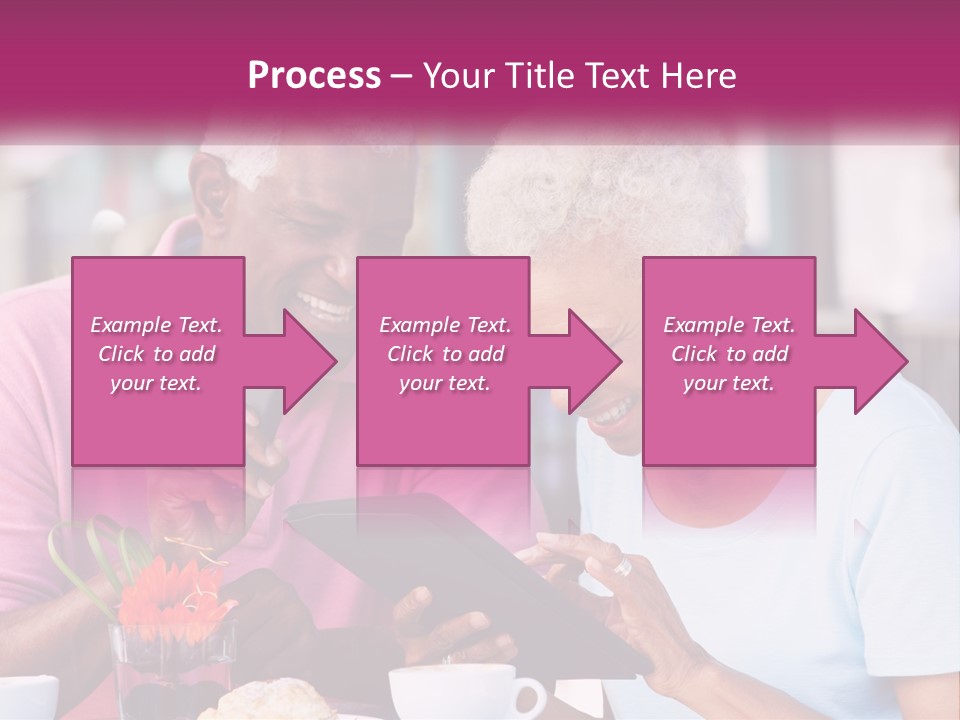 A Man And Woman Sitting At A Table Looking At A Tablet PowerPoint Template