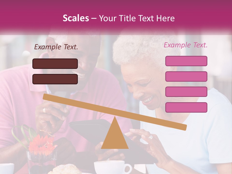 A Man And Woman Sitting At A Table Looking At A Tablet PowerPoint Template
