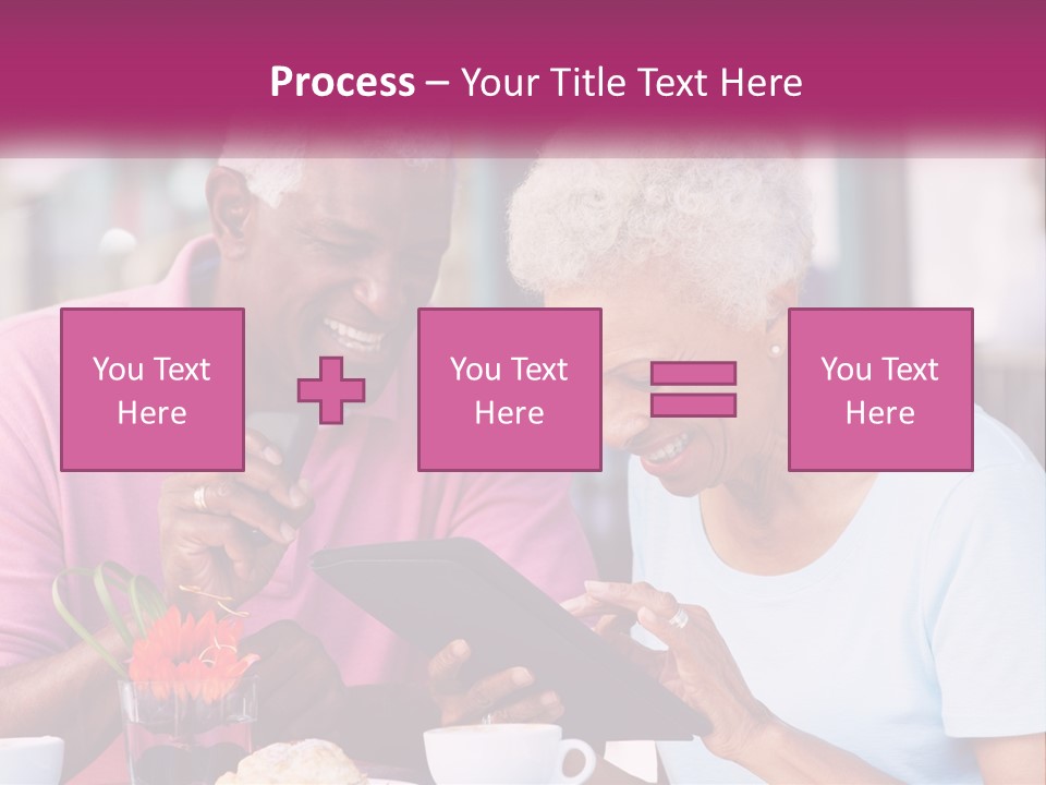 A Man And Woman Sitting At A Table Looking At A Tablet PowerPoint Template