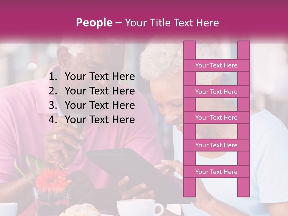 A Man And Woman Sitting At A Table Looking At A Tablet PowerPoint Template