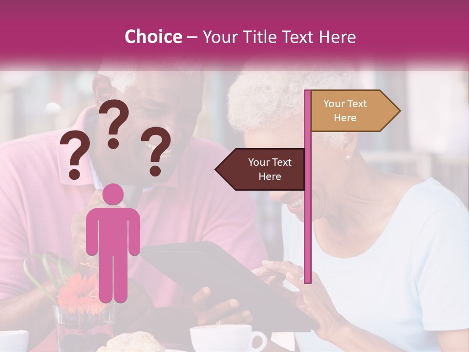 A Man And Woman Sitting At A Table Looking At A Tablet PowerPoint Template