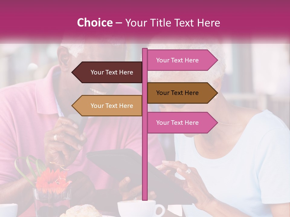 A Man And Woman Sitting At A Table Looking At A Tablet PowerPoint Template