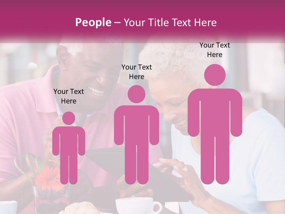 A Man And Woman Sitting At A Table Looking At A Tablet PowerPoint Template