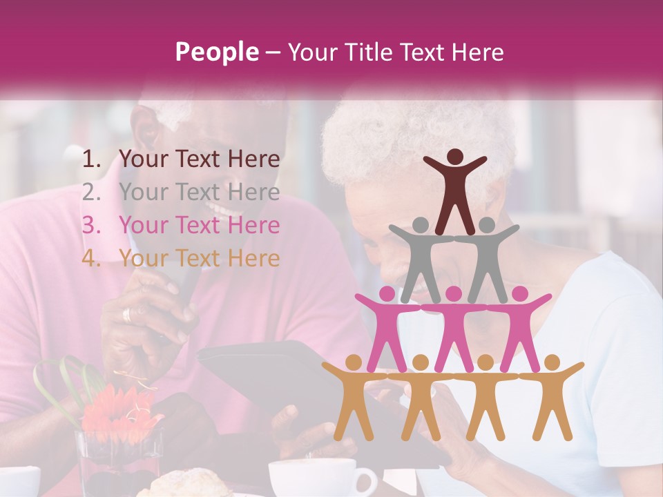 A Man And Woman Sitting At A Table Looking At A Tablet PowerPoint Template