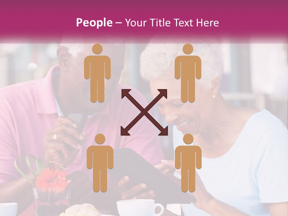 A Man And Woman Sitting At A Table Looking At A Tablet PowerPoint Template