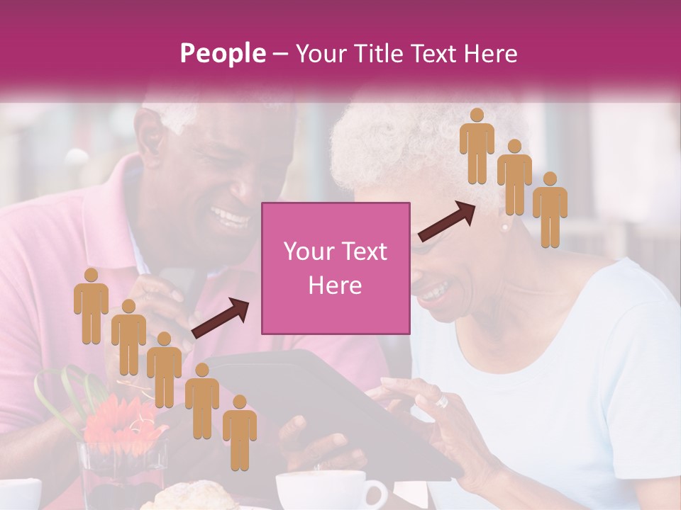 A Man And Woman Sitting At A Table Looking At A Tablet PowerPoint Template