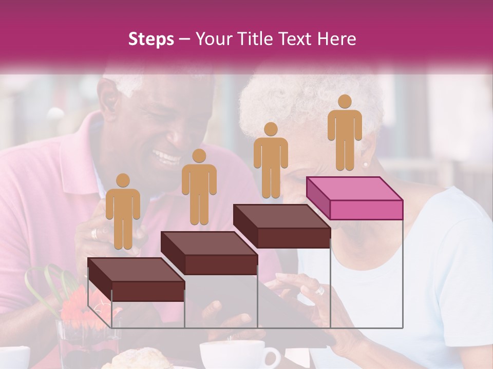 A Man And Woman Sitting At A Table Looking At A Tablet PowerPoint Template