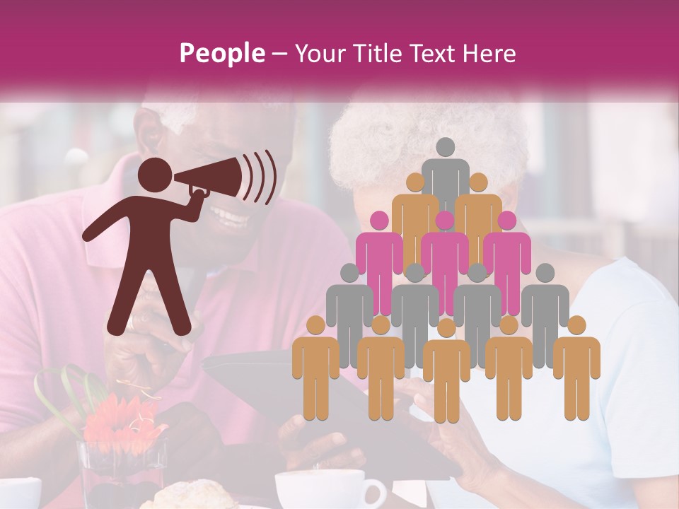 A Man And Woman Sitting At A Table Looking At A Tablet PowerPoint Template