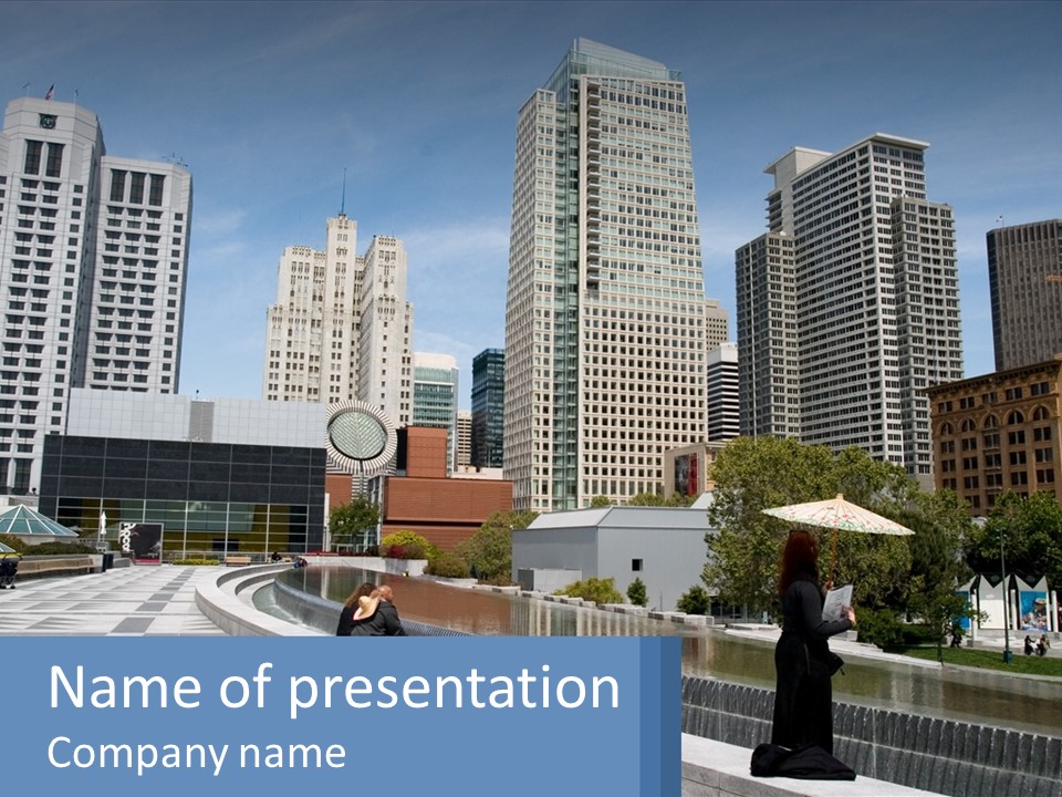 A Woman Holding An Umbrella In Front Of A Cityscape PowerPoint Template
