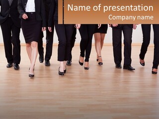 A Group Of Business People Walking Across A Wooden Floor PowerPoint Template