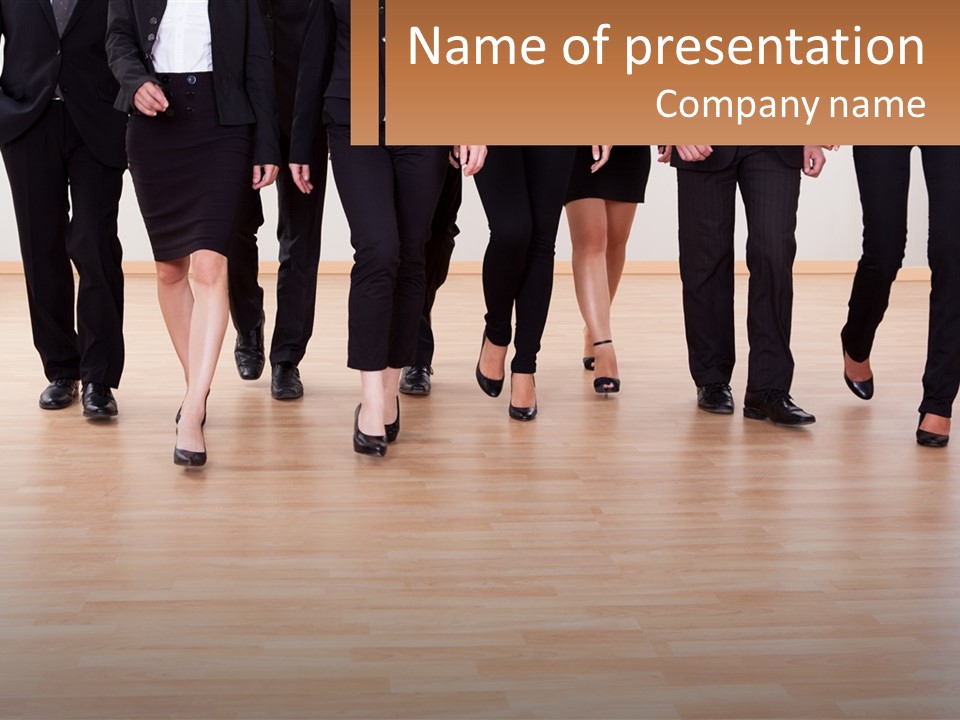 A Group Of Business People Walking Across A Wooden Floor PowerPoint Template