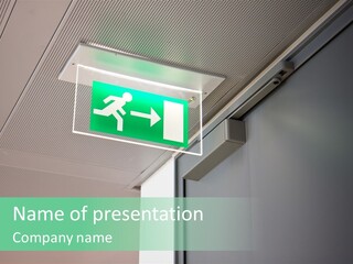 A Green And White Sign Hanging From A Ceiling PowerPoint Template
