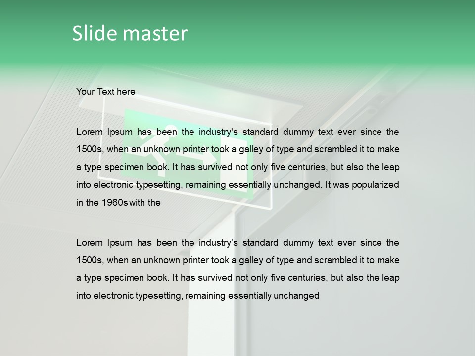 A Green And White Sign Hanging From A Ceiling PowerPoint Template