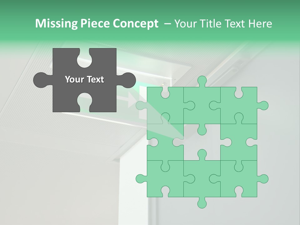A Green And White Sign Hanging From A Ceiling PowerPoint Template