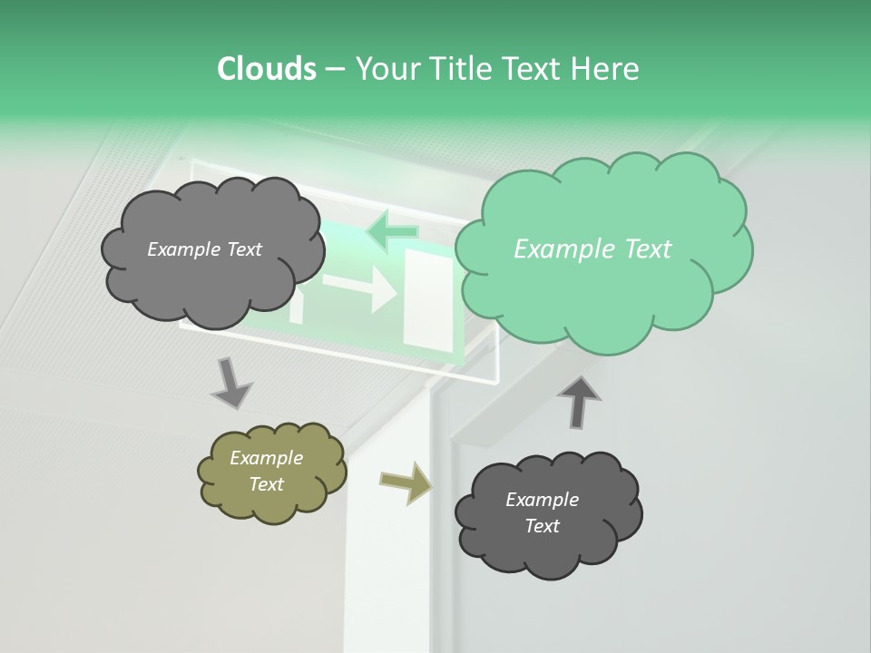 A Green And White Sign Hanging From A Ceiling PowerPoint Template