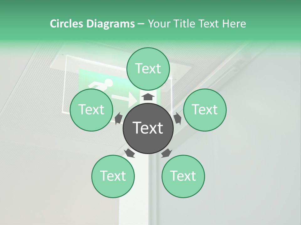 A Green And White Sign Hanging From A Ceiling PowerPoint Template