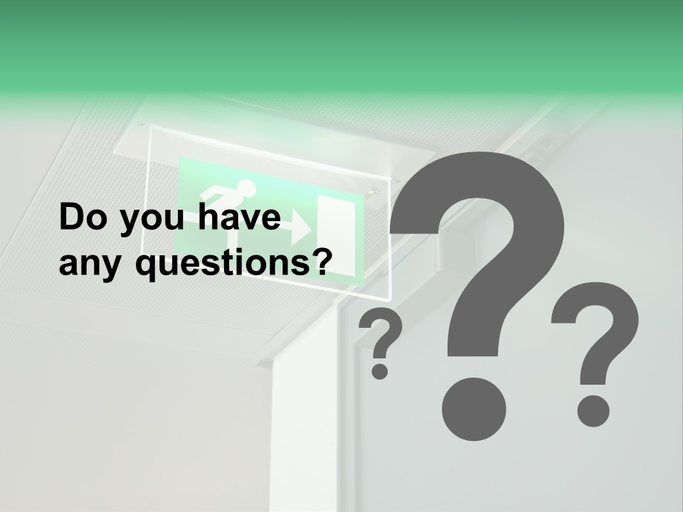 A Green And White Sign Hanging From A Ceiling PowerPoint Template