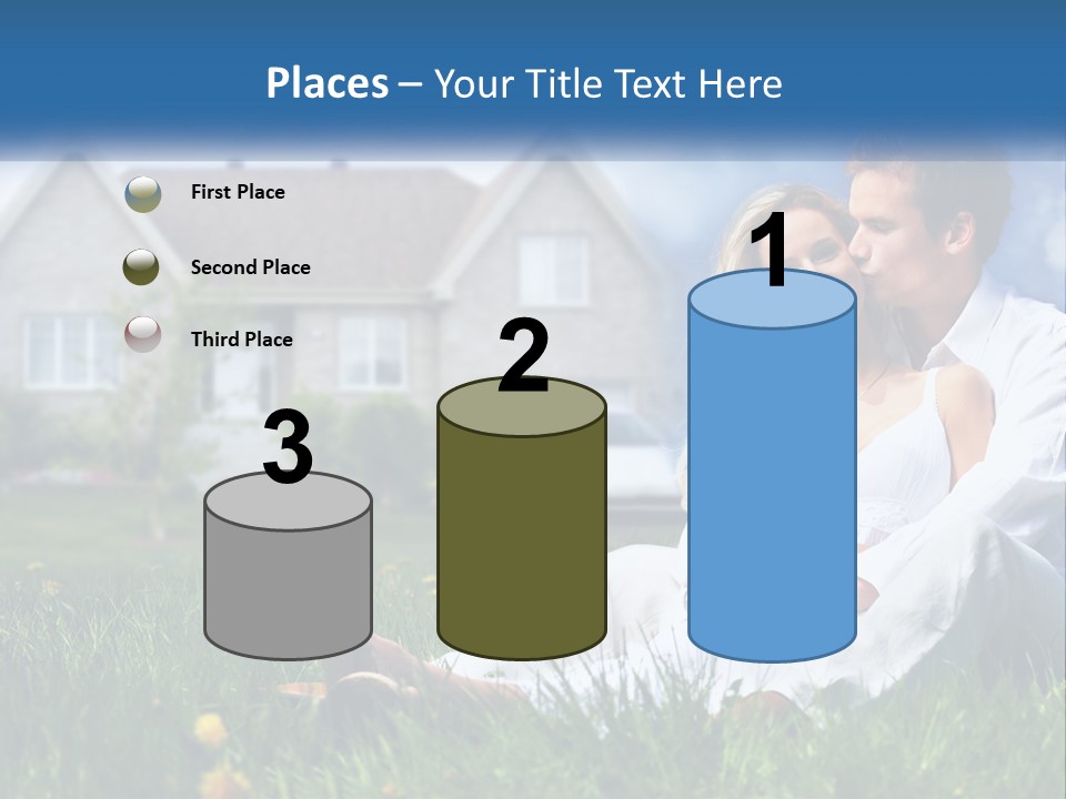 A Man And Woman Sitting In The Grass In Front Of A House PowerPoint Template