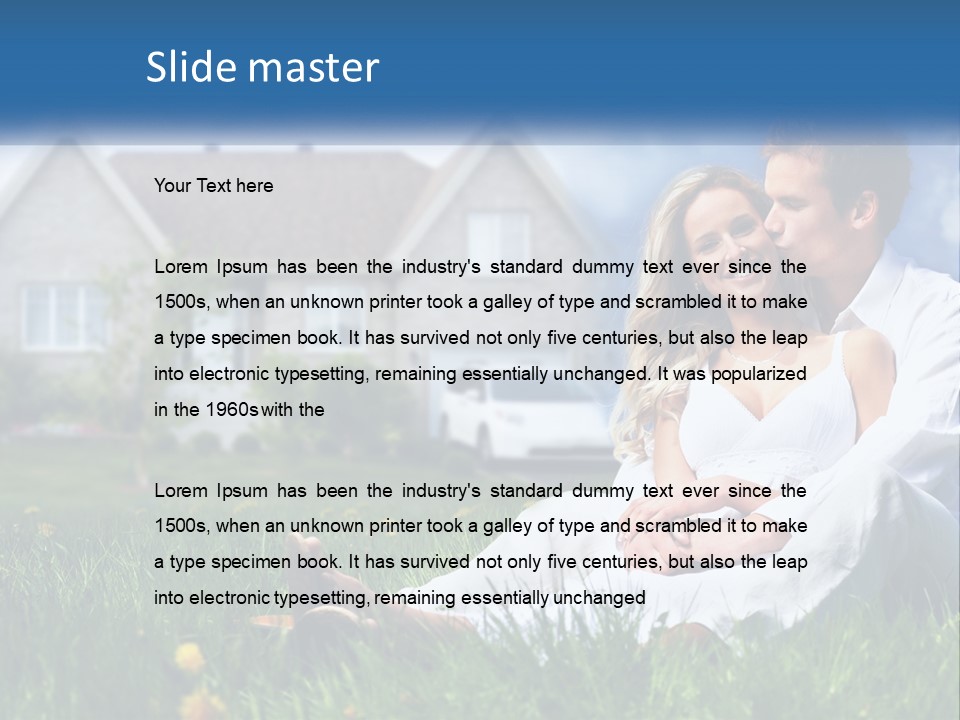 A Man And Woman Sitting In The Grass In Front Of A House PowerPoint Template