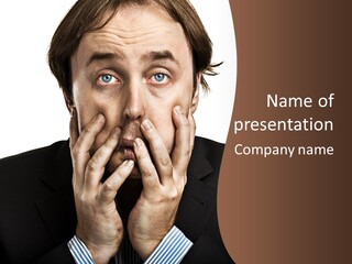 A Man In A Suit Covers His Mouth With His Hands PowerPoint Template