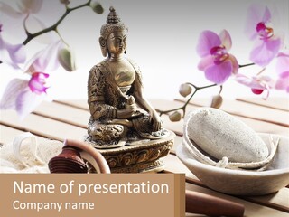 A Buddha Statue Sitting On Top Of A Wooden Table PowerPoint Template