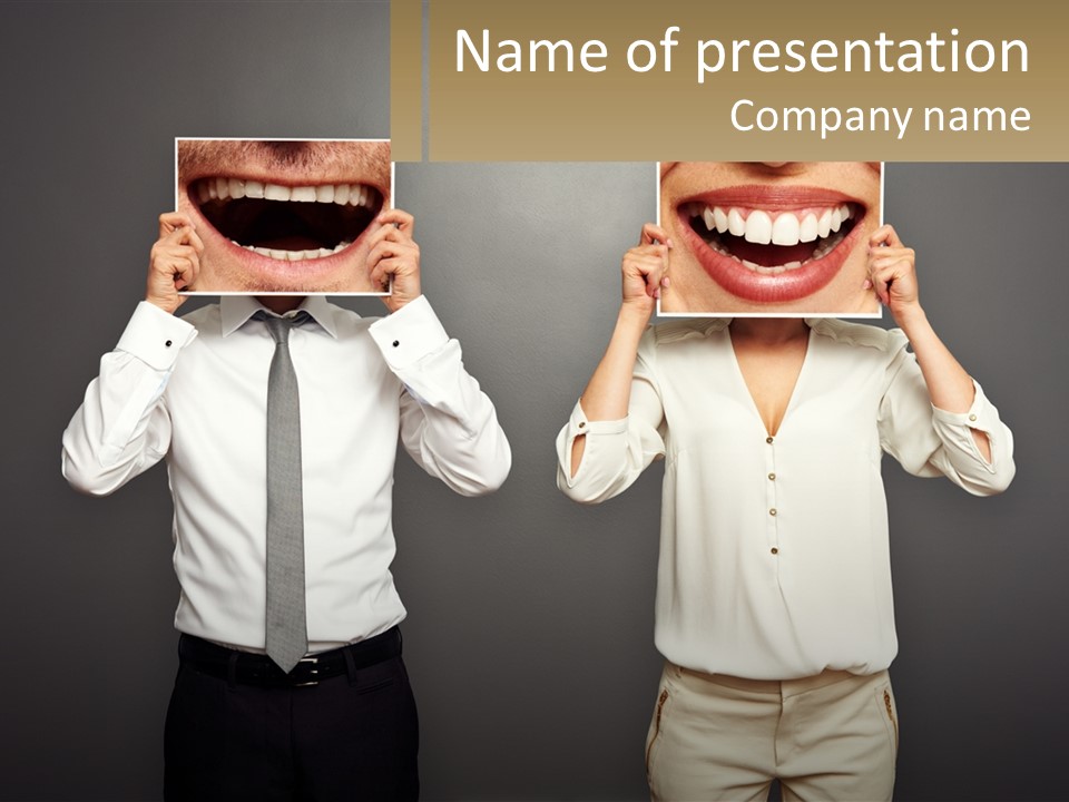 A Man And A Woman Holding Up A Picture Of Their Teeth PowerPoint Template