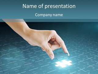 A Person Touching A Piece Of Puzzle On A Blue Surface PowerPoint Template