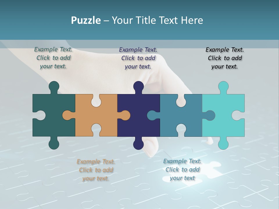 A Person Touching A Piece Of Puzzle On A Blue Surface PowerPoint Template