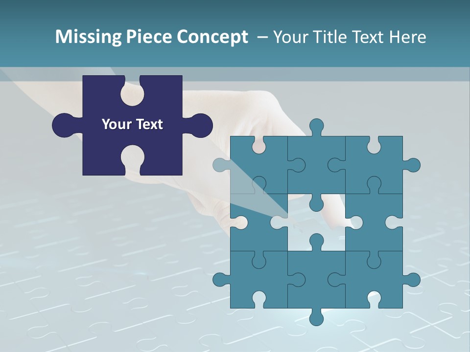 A Person Touching A Piece Of Puzzle On A Blue Surface PowerPoint Template