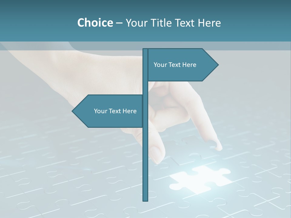 A Person Touching A Piece Of Puzzle On A Blue Surface PowerPoint Template