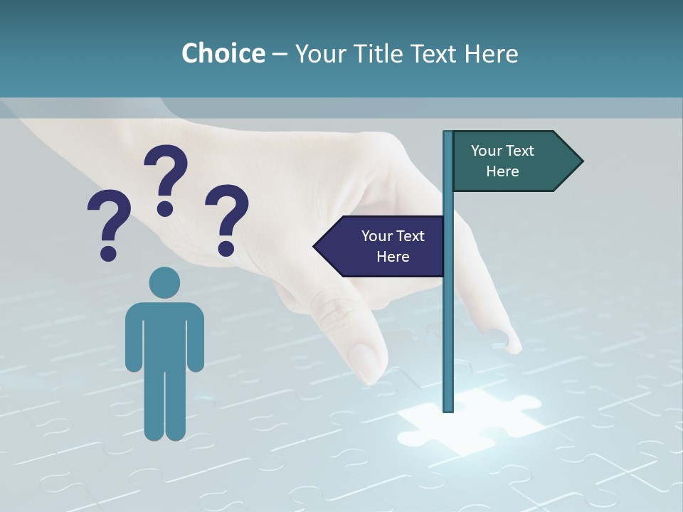 A Person Touching A Piece Of Puzzle On A Blue Surface PowerPoint Template