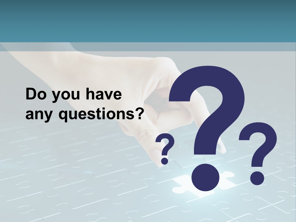 A Person Touching A Piece Of Puzzle On A Blue Surface PowerPoint Template