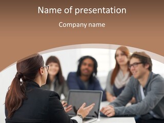 A Group Of People Sitting At A Table With A Laptop PowerPoint Template