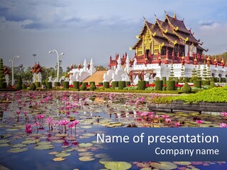 A Large Building With Lots Of Water Lilies In Front Of It PowerPoint Template