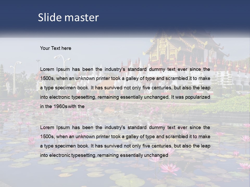 A Large Building With Lots Of Water Lilies In Front Of It PowerPoint Template