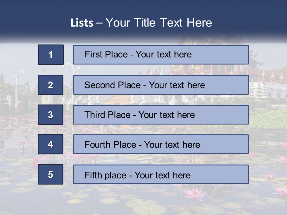 A Large Building With Lots Of Water Lilies In Front Of It PowerPoint Template