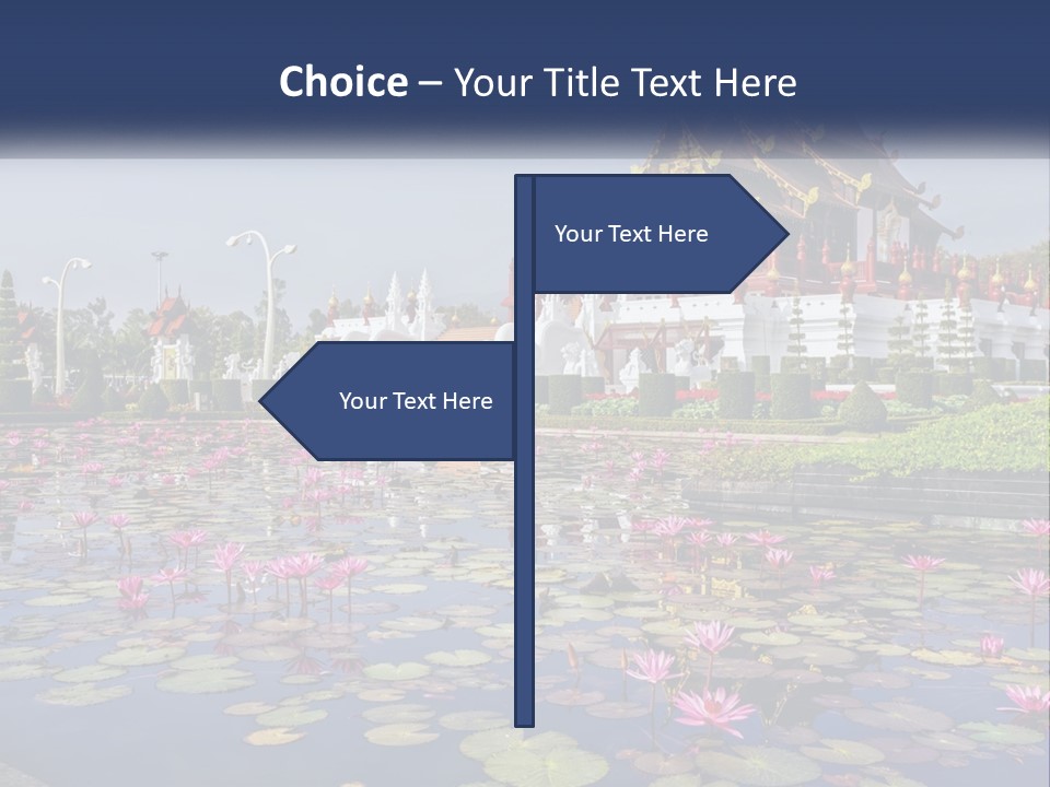 A Large Building With Lots Of Water Lilies In Front Of It PowerPoint Template