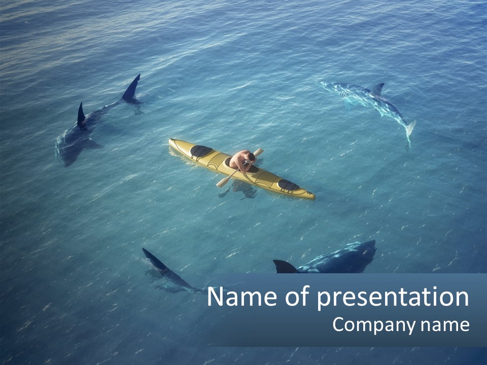 A Man In A Kayak Surrounded By Sharks PowerPoint Template