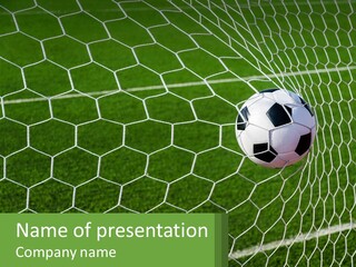 A Soccer Ball Is In The Net Of A Soccer Field PowerPoint Template