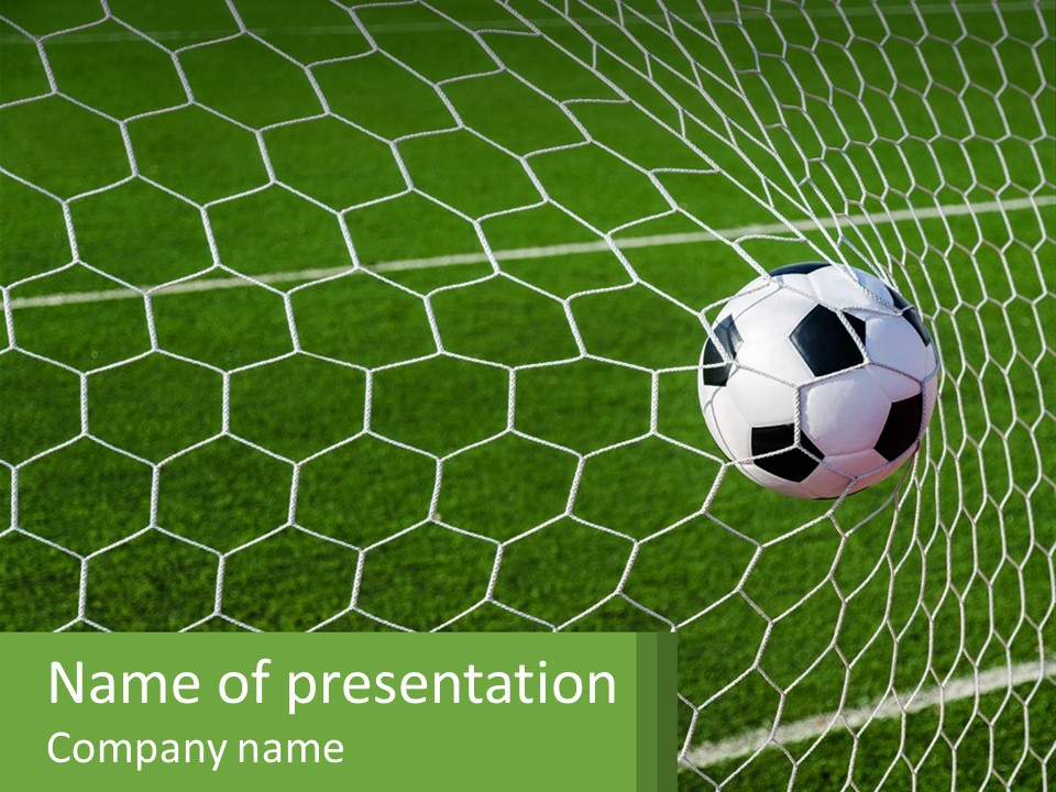 A Soccer Ball Is In The Net Of A Soccer Field PowerPoint Template