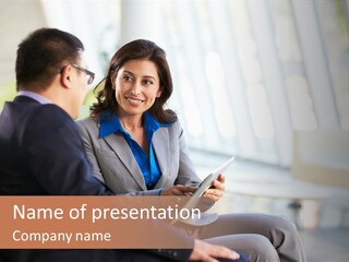 A Man And A Woman Sitting On A Bench Talking To Each Other PowerPoint Template