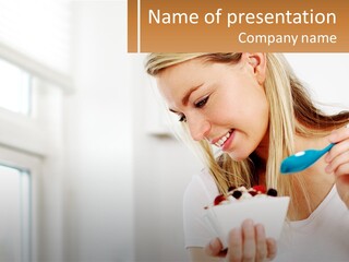 A Woman Eating A Bowl Of Food With A Spoon PowerPoint Template