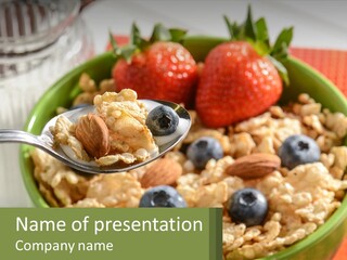 A Bowl Of Oatmeal With Blueberries, Almonds And Strawberries PowerPoint Template