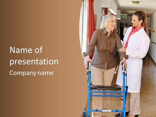 Two Women Walking Down A Hallway With A Walker PowerPoint Template