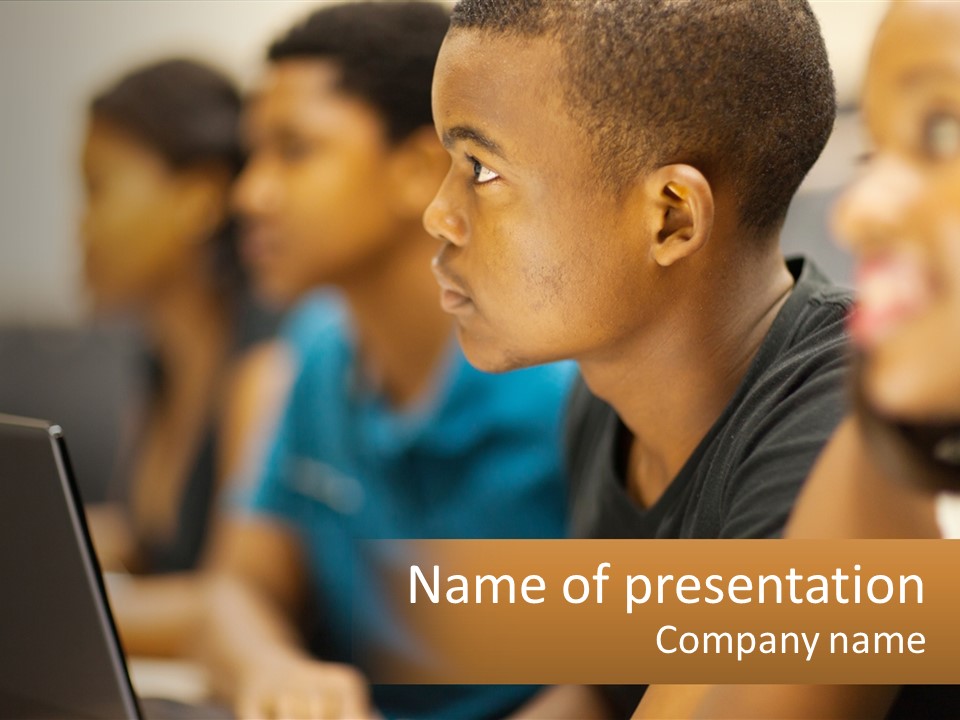 A Group Of Kids Sitting In Front Of A Laptop Computer PowerPoint Template