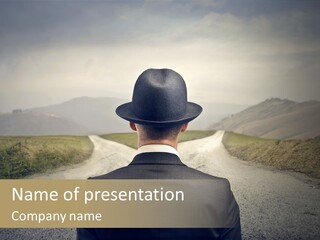 A Man In A Suit And Hat Looking At A Road PowerPoint Template